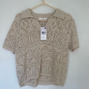 Mango Tan Cream Boxy Ribbed Polo Blouse